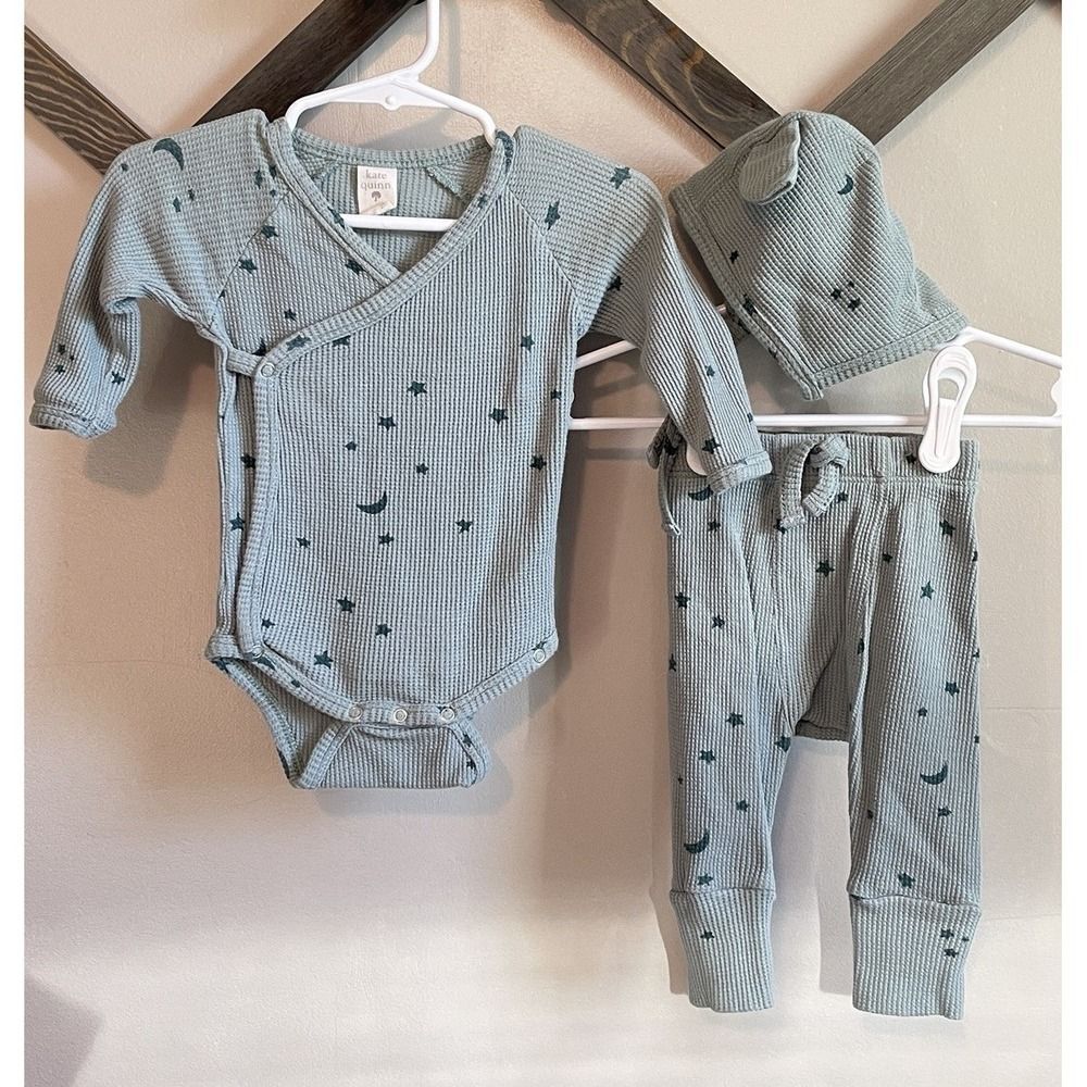 Kate Quinn Thermal 3 PC  Set | Sage Green Stars | Bodysuit Pants Hat | 3-6 m